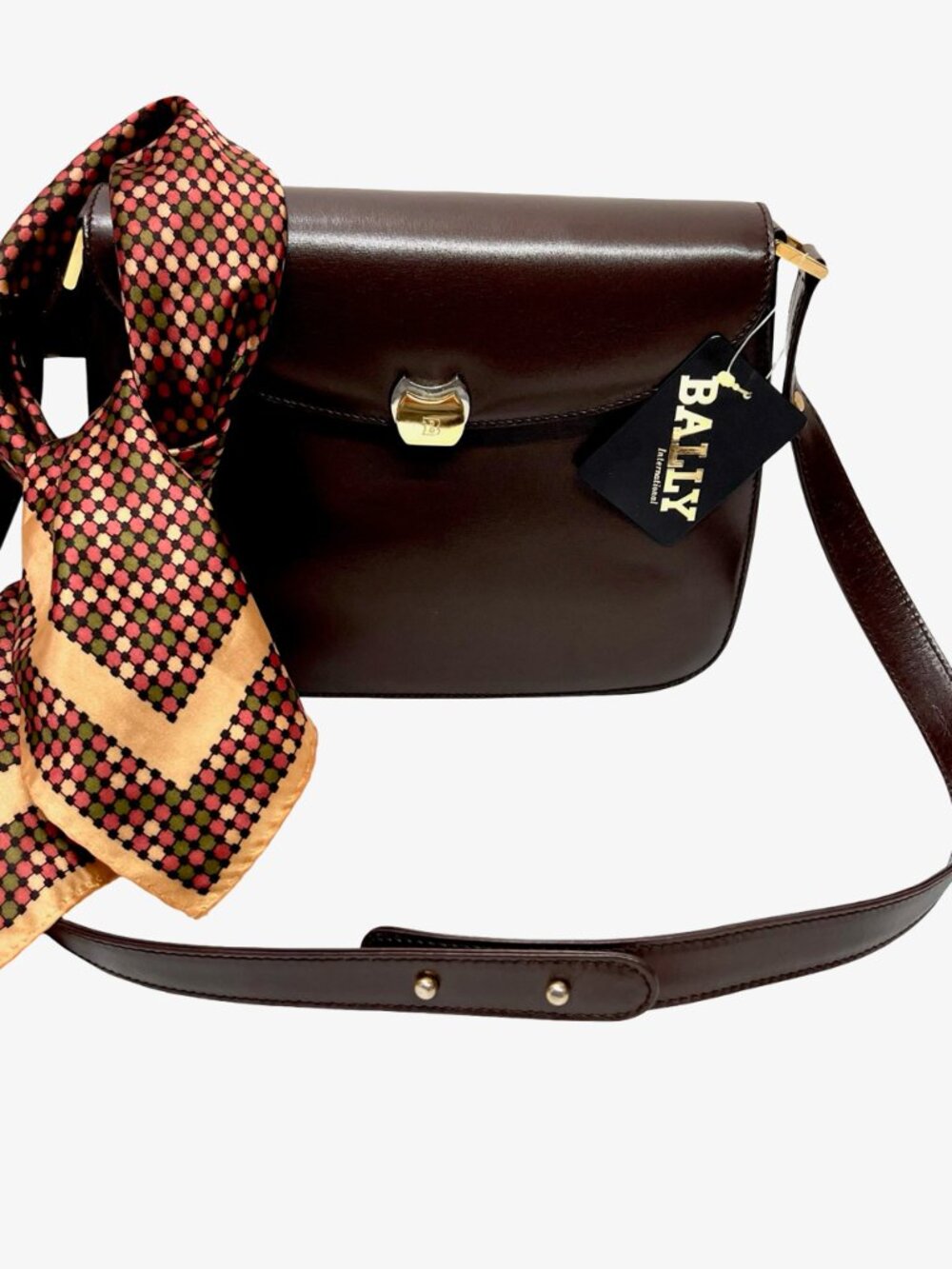 NEW Classic Evening Bally Shoulder Bag Brown Leather +100% Silk Scarf(9 - Picture 12 of 16